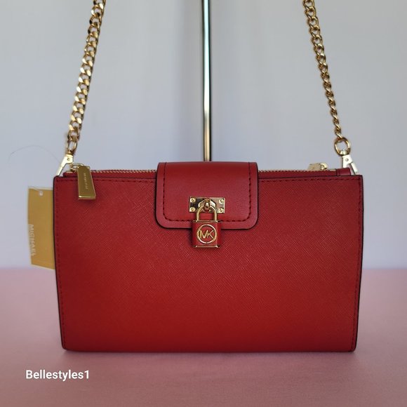 Michael Kors Ruby Small Double-Zip Saffiano Leather Crossbody Bag- Crimson color - Picture 1 of 16